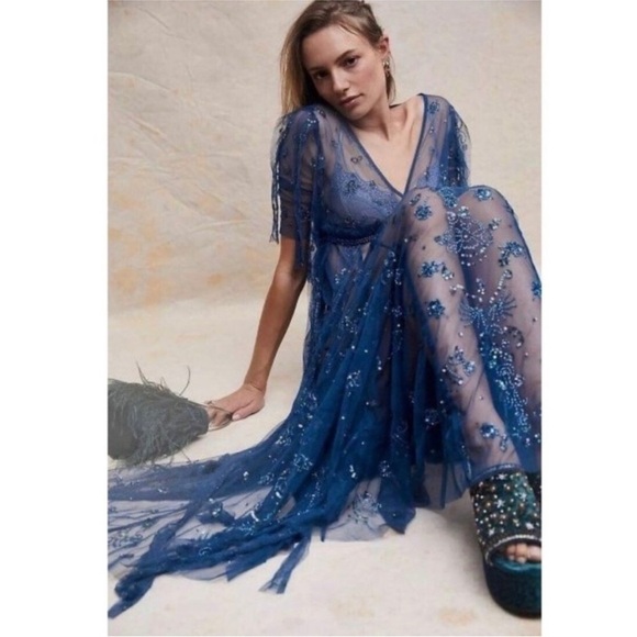 Free People rare teal sequin maxi dress NWT - Picture 7 of 10